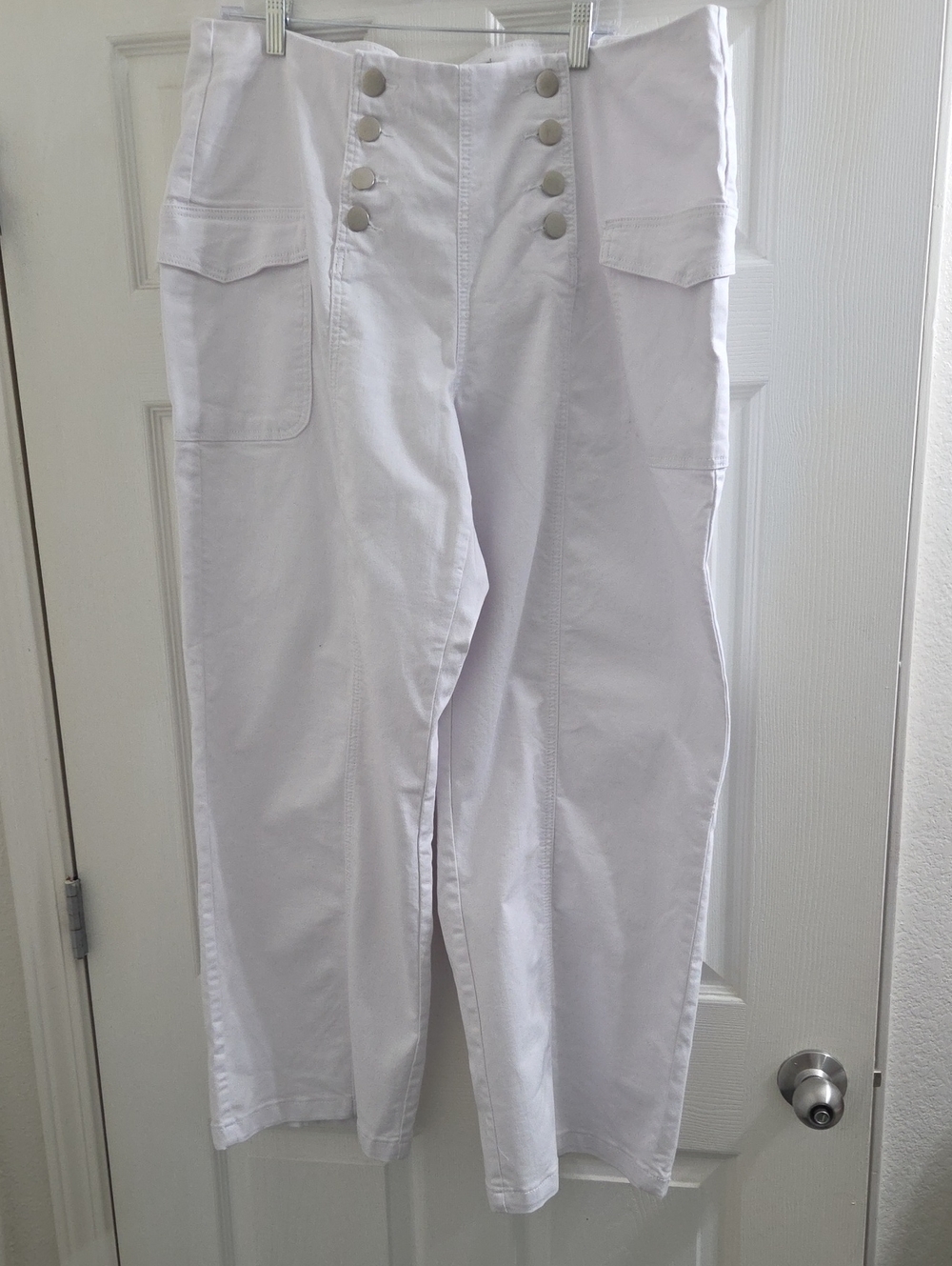 Ashley Stewart White High-Waist Straight Leg Pants with Button Front
